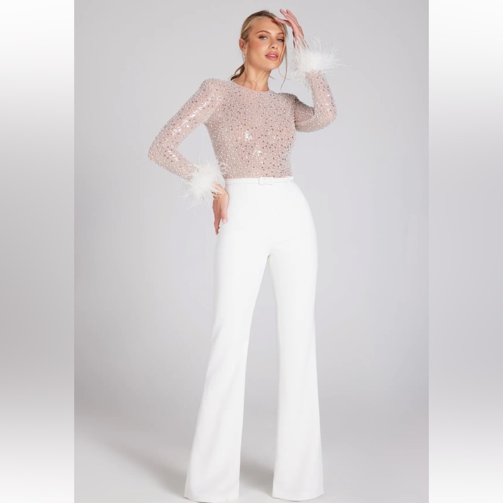 Nadine Merabi Elegant White Jumpsuit with Feather Details